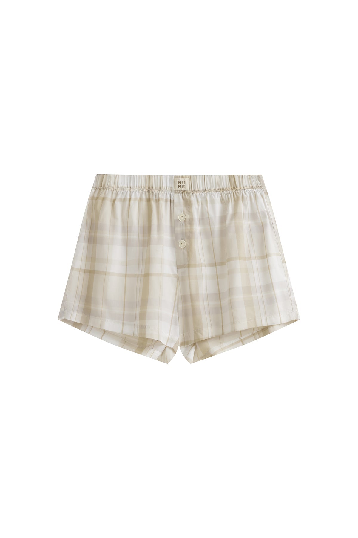 Oat check boxer shorts with 2 front buttons, front view