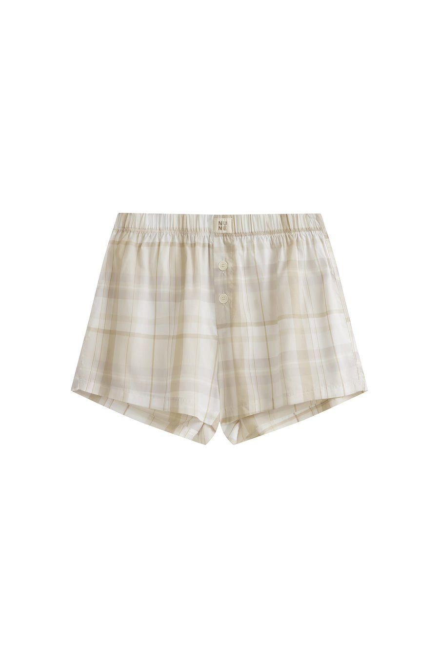 Oat check boxer shorts with 2 front buttons, front view