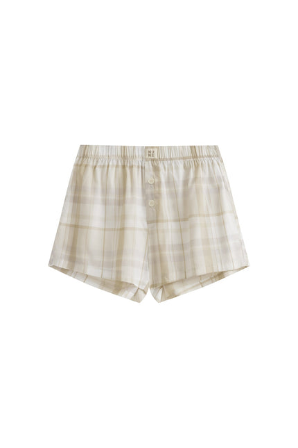 Oat check boxer shorts with 2 front buttons, front view