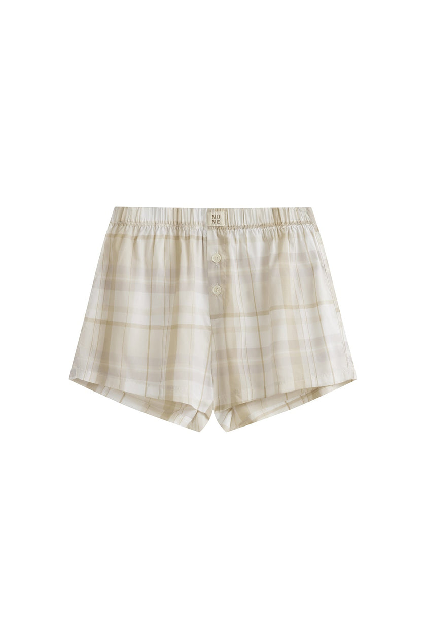 Oat check boxer shorts with 2 front buttons, front view