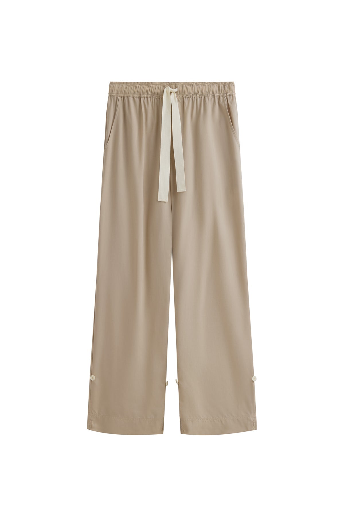 Oat Long Sleep Pant Macel with natural waist tie and adjustable length, front view showing front pockets