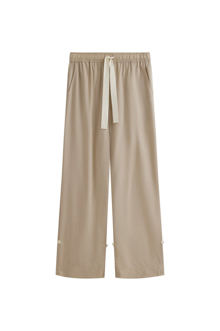 Oat Long Sleep Pant Macel with natural waist tie and adjustable length, front view showing front pockets