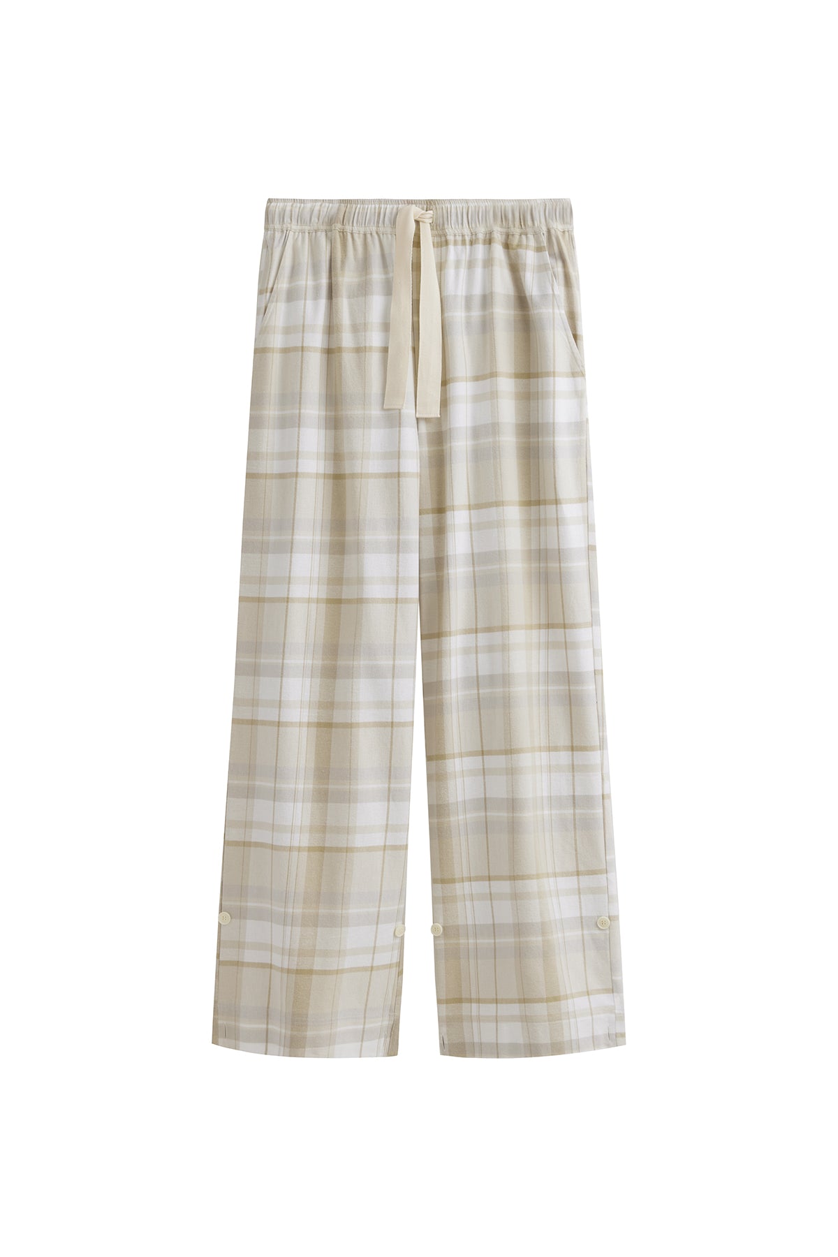 The flannel sleep pant in Oat Check. Adjustable length, a natural waist tie, and functional pockets make it a practical sleepwear essential.  Front view showing natural cotton waist tie and front pockets.