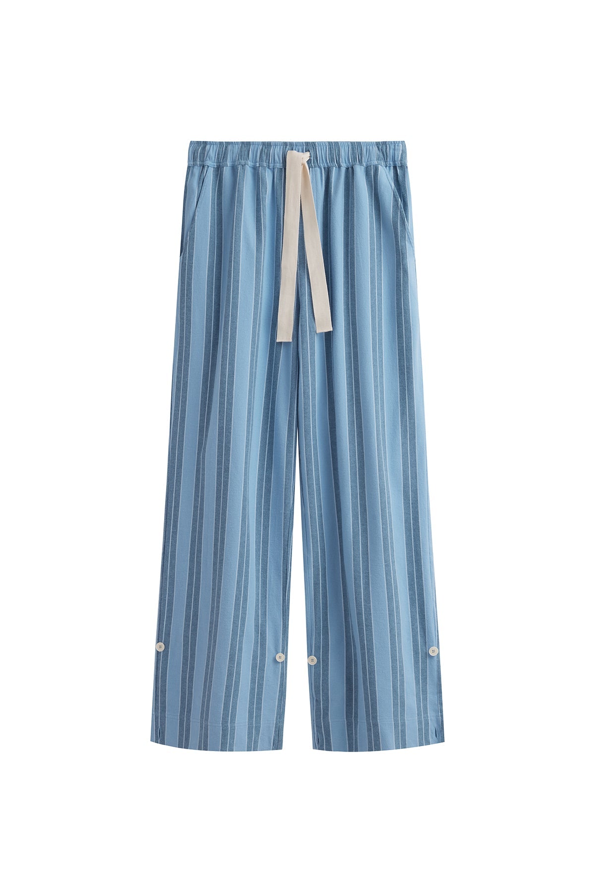 Long Sleep Pant Flannel in Daybreak Stripe, front view showing natural cotton waist tie and adjustable length buttons on legs