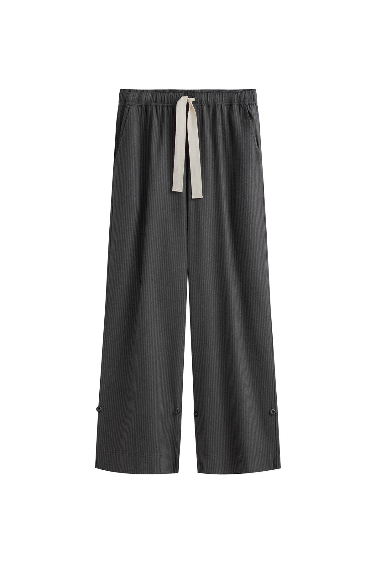 The flannel sleep pant in Evening Pinstripe. Front view showing natural cotton waist tie and front pockets.