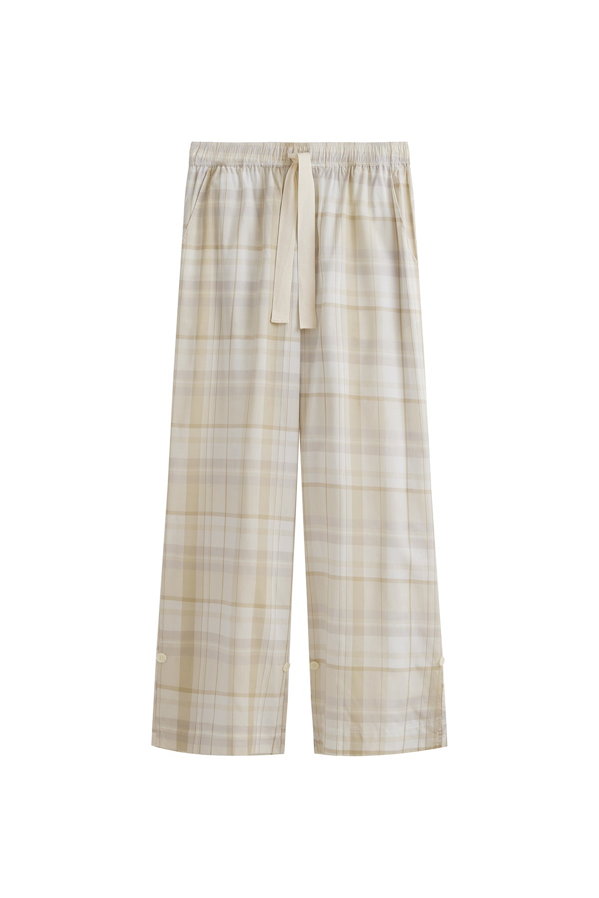Oat Check Long Sleep Pant Macel with natural waist tie and adjustable length, front view showing front pockets