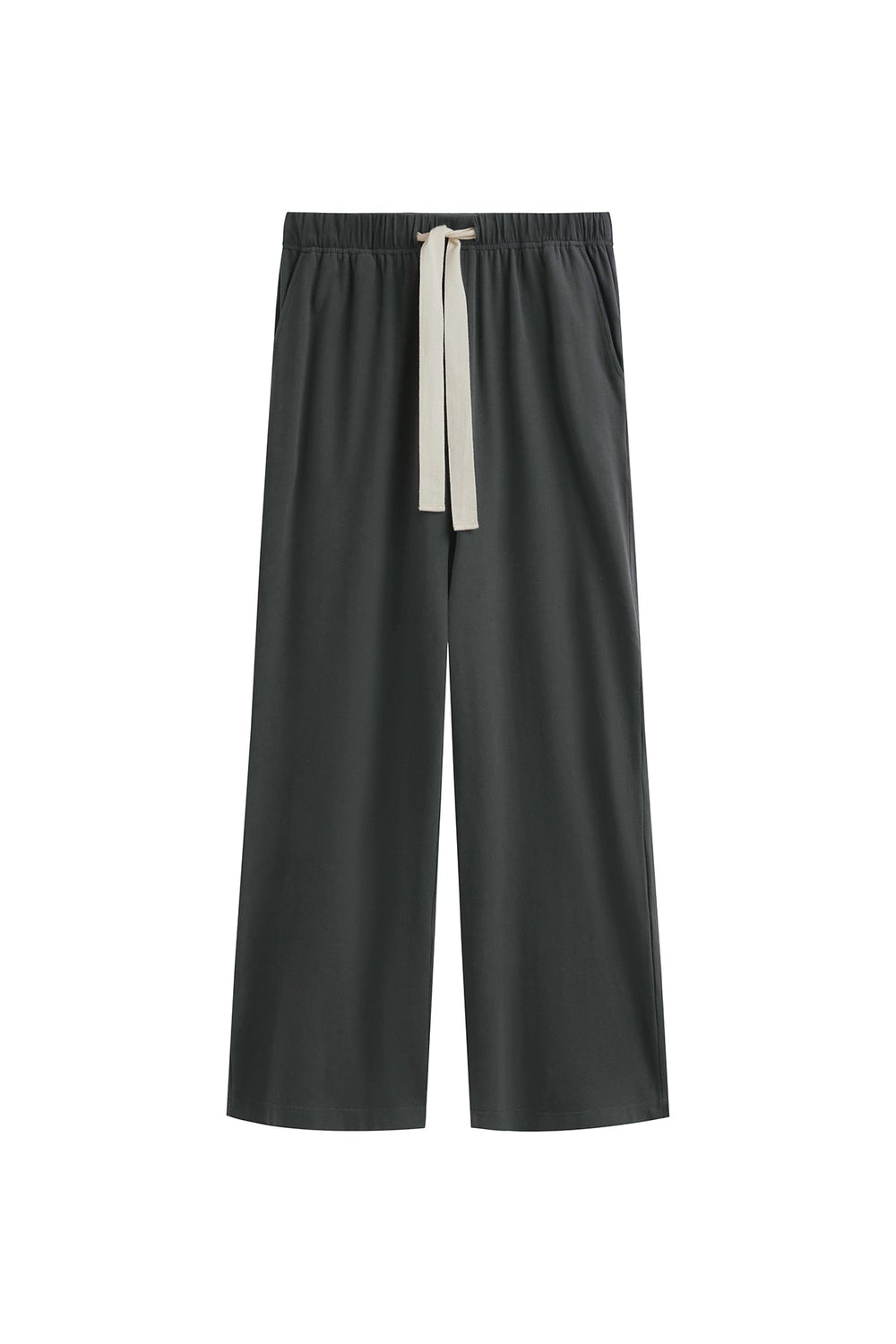 Cosy Pant in Charcoal, front view showing natural cotton waist tie and front pockets