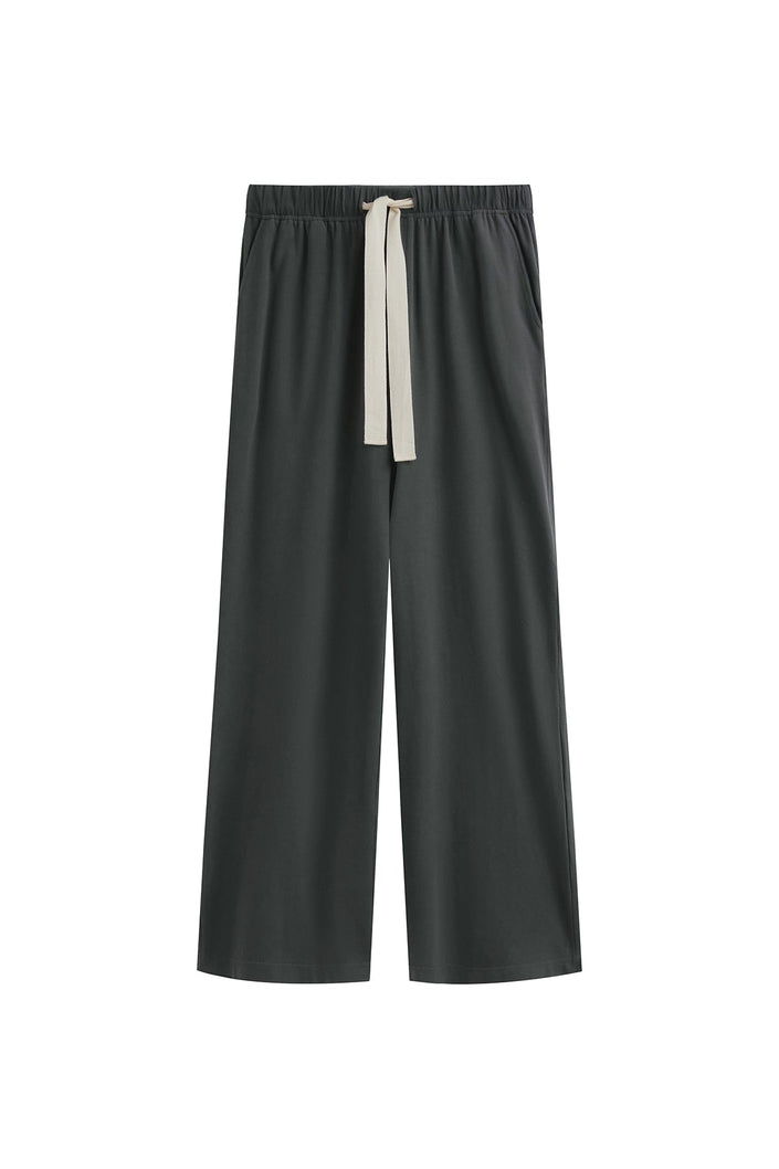 Cosy Pant in Charcoal, front view showing natural cotton waist tie and front pockets