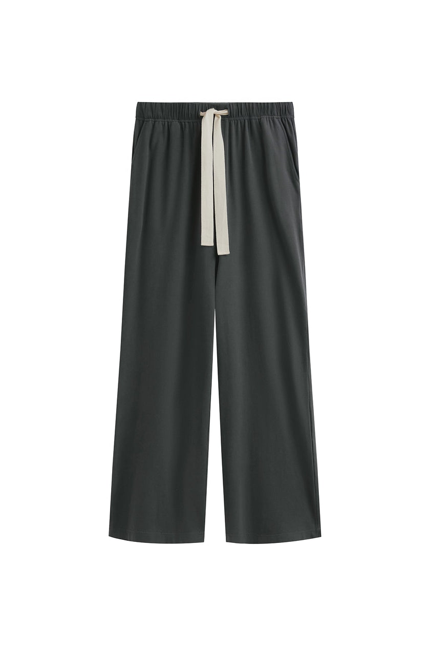 Cosy Pant in Charcoal, front view showing natural cotton waist tie and front pockets