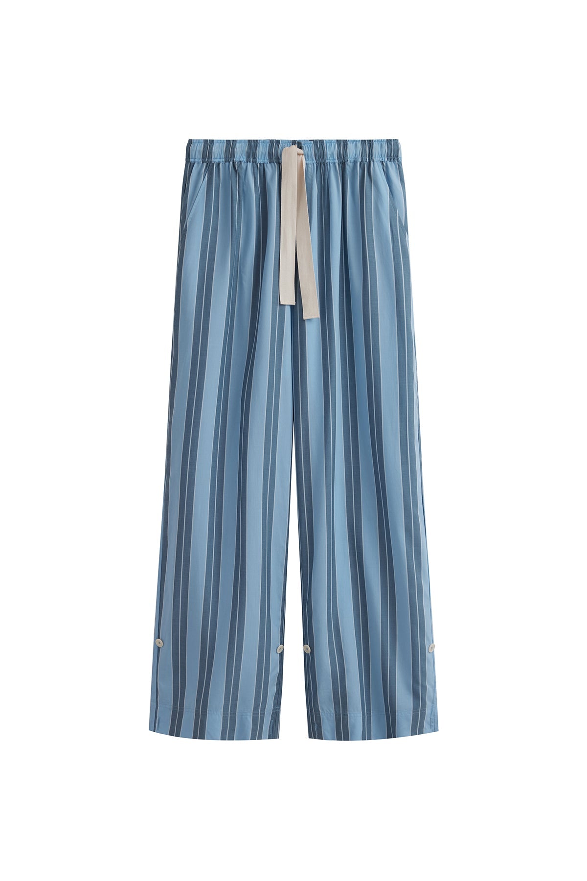 Long Sleep Pant Macel in Daybreak Stripe front view showing adjustable leg length buttons and natural tie through waist