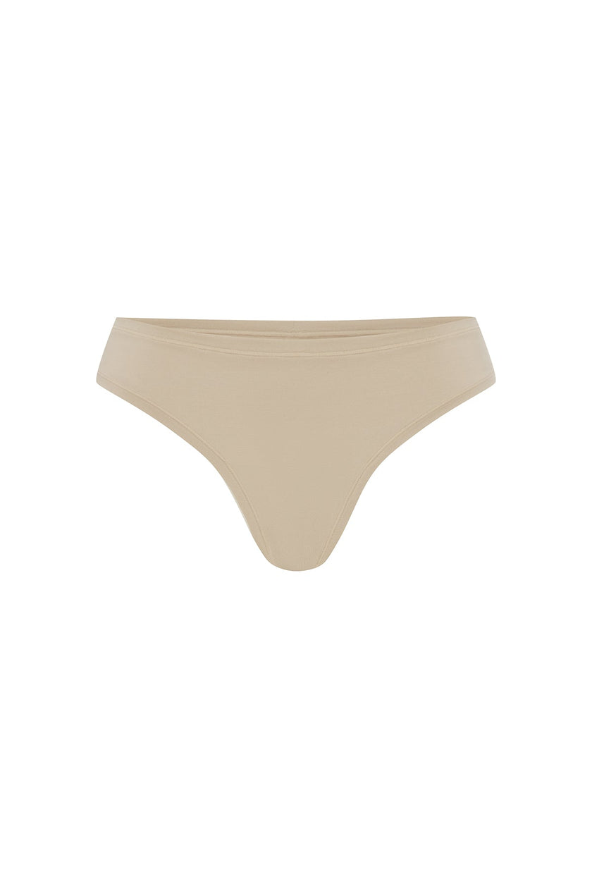 G string in latte features smooth finishes and a high-cut silhouette, front view