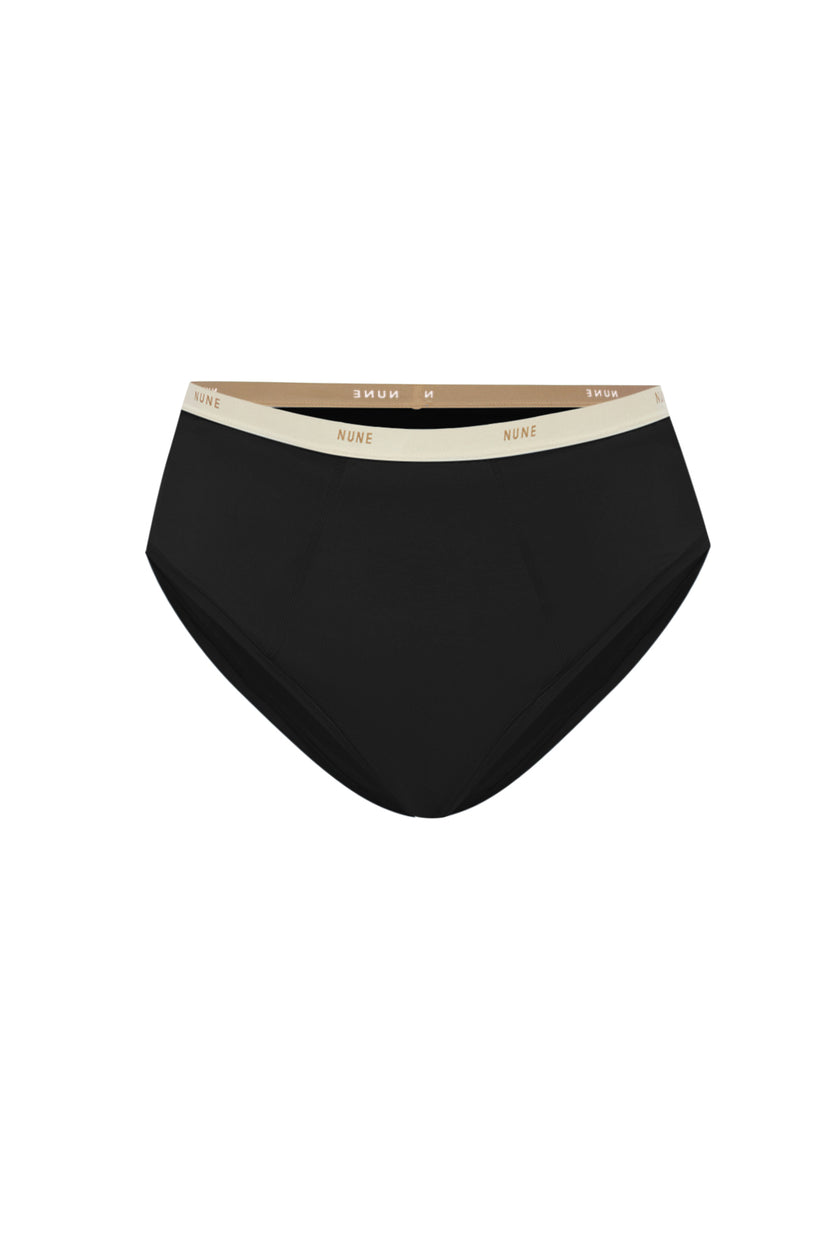 Women's Black High Waist Brief featuring soft folded edges and a double-lined front made from a silky-soft micromodal blend front view