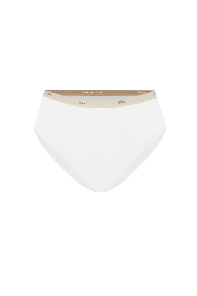 Women's White High Waist Brief featuring soft folded edges and a double-lined front made from a silky-soft micromodal blend front view