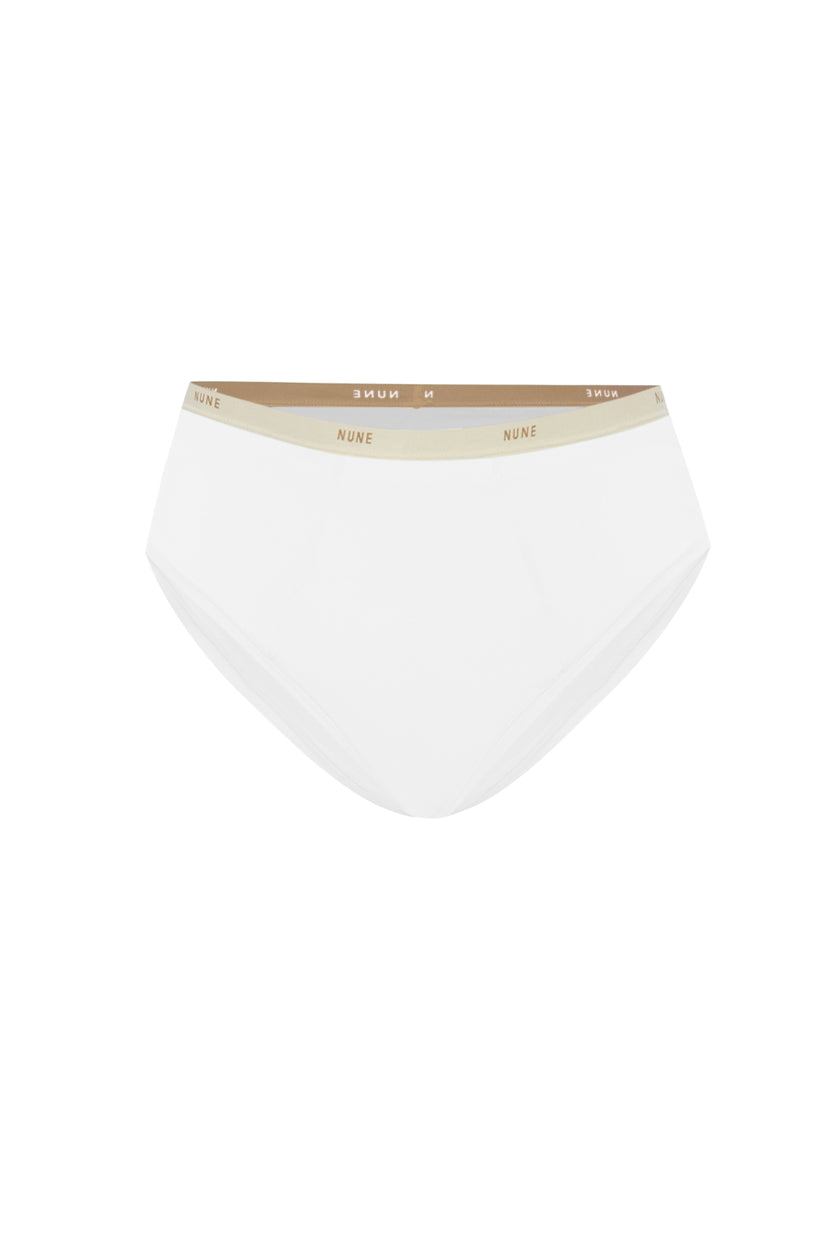 Women's White High Waist Brief featuring soft folded edges and a double-lined front made from a silky-soft micromodal blend front view