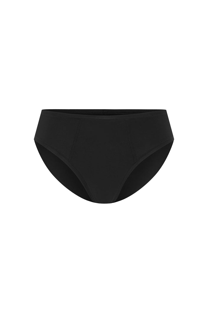 Women's Black Mid Brief featuring soft folded edges and a double-lined front made from a silky-soft micromodal blend front view
