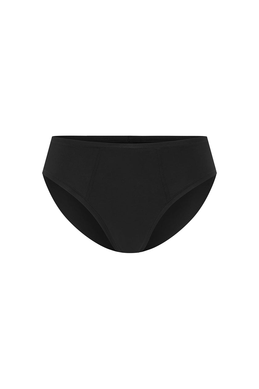 Women's Black Mid Brief featuring soft folded edges and a double-lined front made from a silky-soft micromodal blend front view