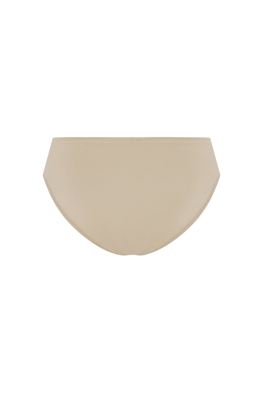 Women's Latte Mid Brief featuring soft folded edges and a double-lined front made from a silky-soft micromodal blend, back view