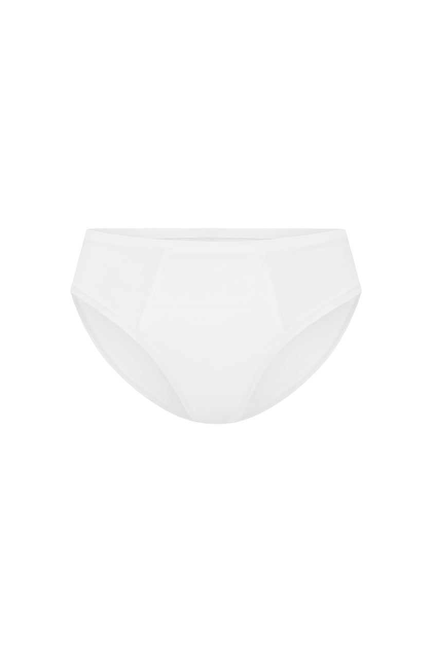Women's White Mid Brief featuring soft folded edges and a double-lined front made from a silky-soft micromodal blend front view