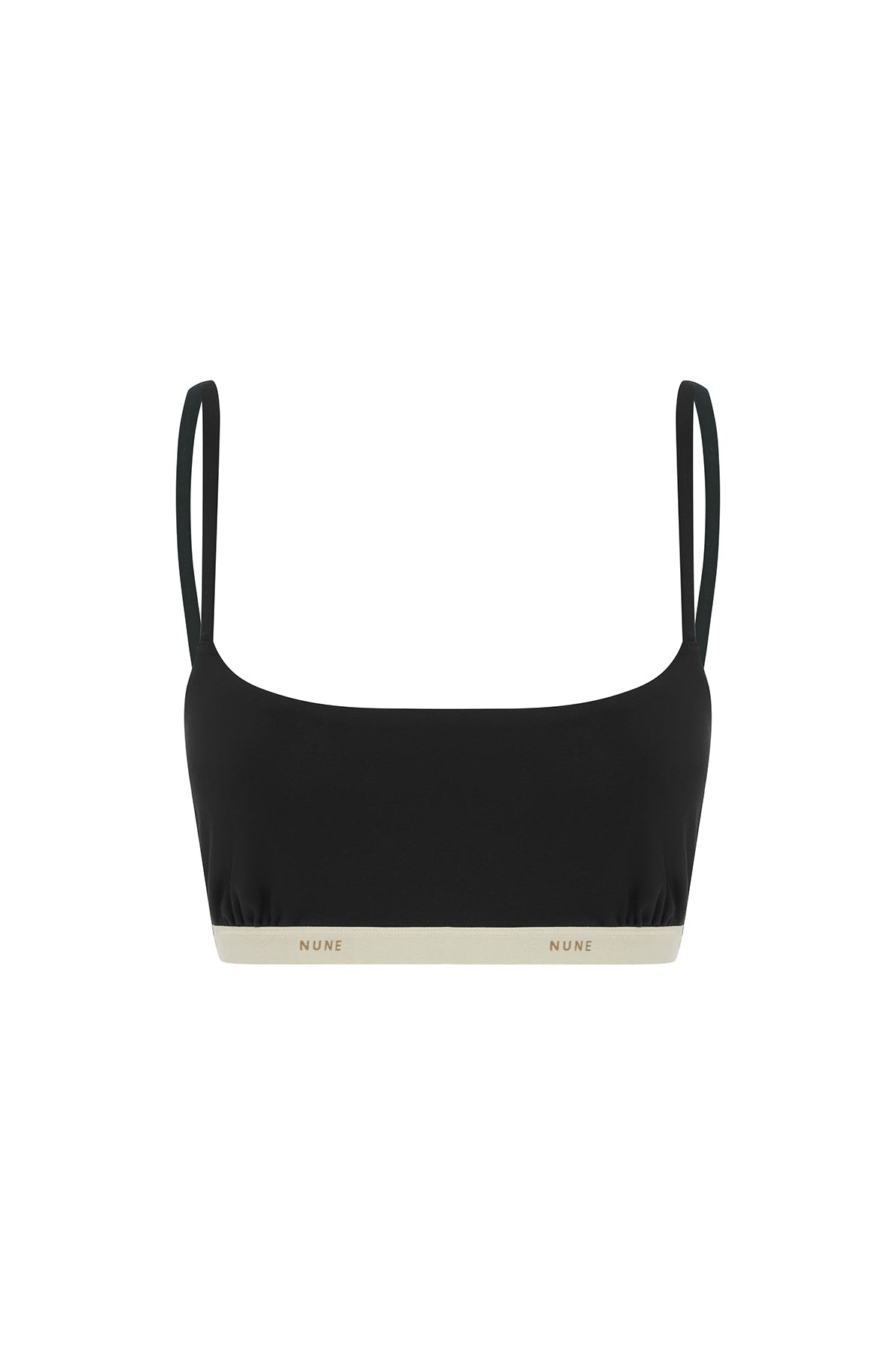The Square Neck Bralette in black.  Front view showing Slightly scooped square neck shape and NUNE soft elastic under bust