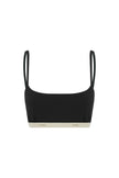 The Square Neck Bralette in black.  Front view showing Slightly scooped square neck shape and NUNE soft elastic under bust