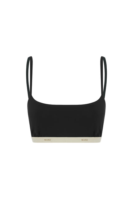 The Square Neck Bralette in black.  Front view showing Slightly scooped square neck shape and NUNE soft elastic under bust