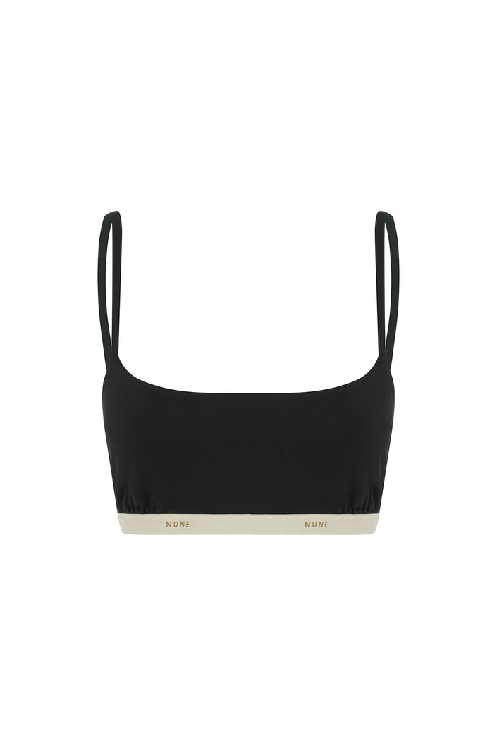 The Square Neck Bralette in black.  Front view showing Slightly scooped square neck shape and NUNE soft elastic under bust