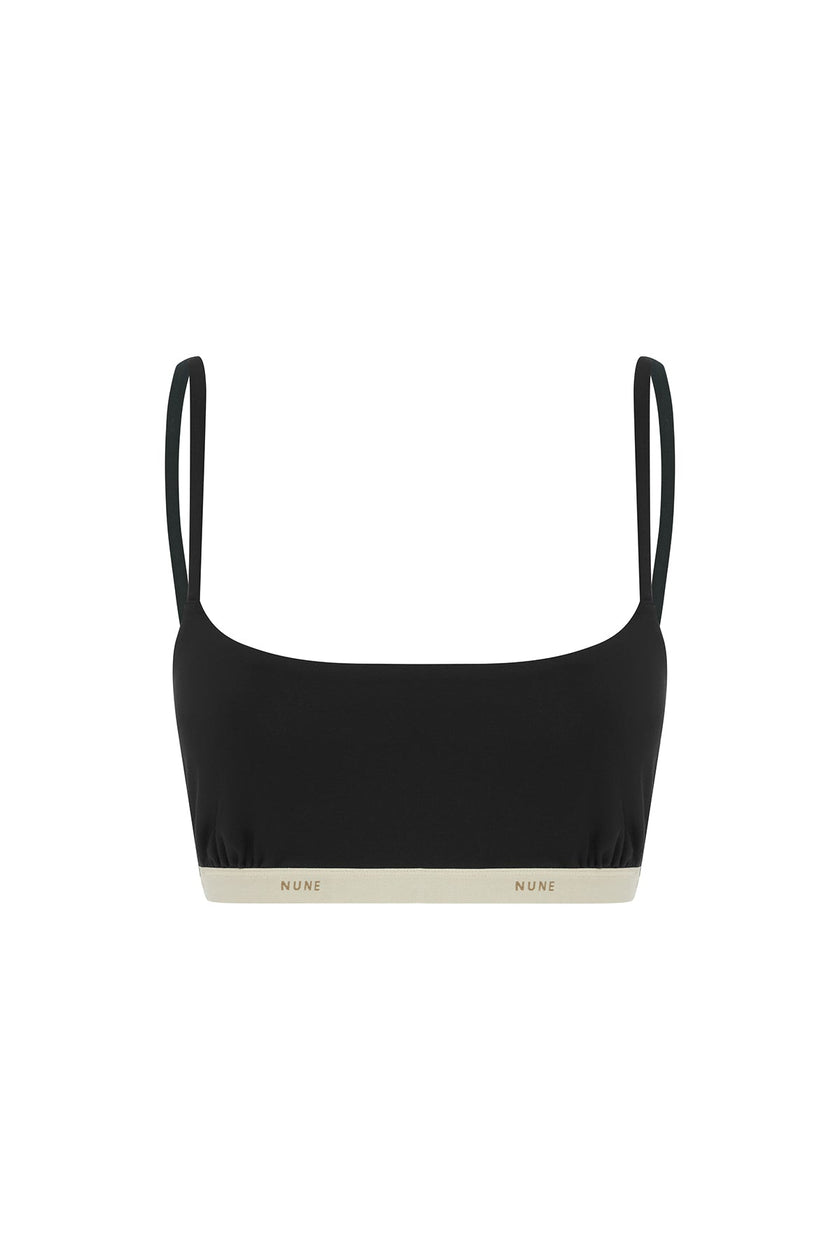 The Square Neck Bralette in black.  Front view showing Slightly scooped square neck shape and NUNE soft elastic under bust
