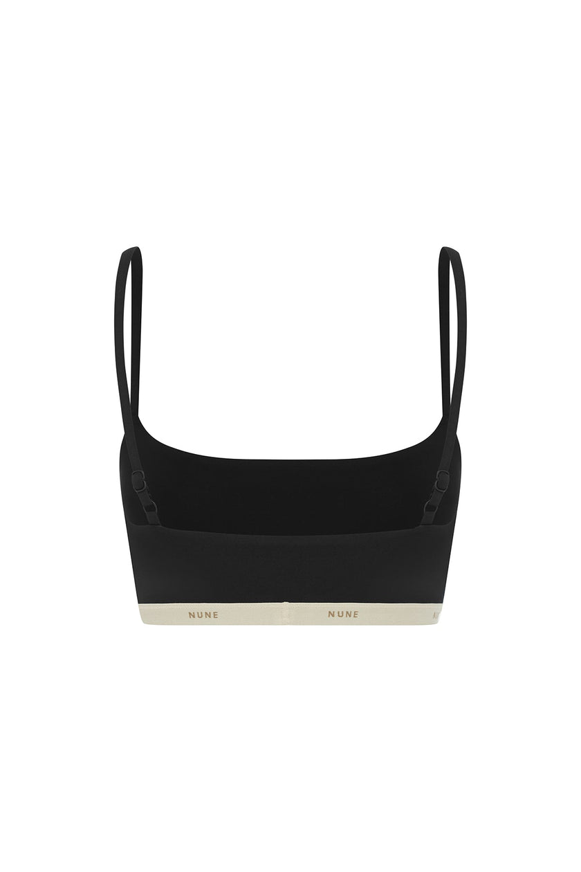 The Square Neck Bralette in black.  Back view showing adjustable straps and NUNE soft elastic under bust