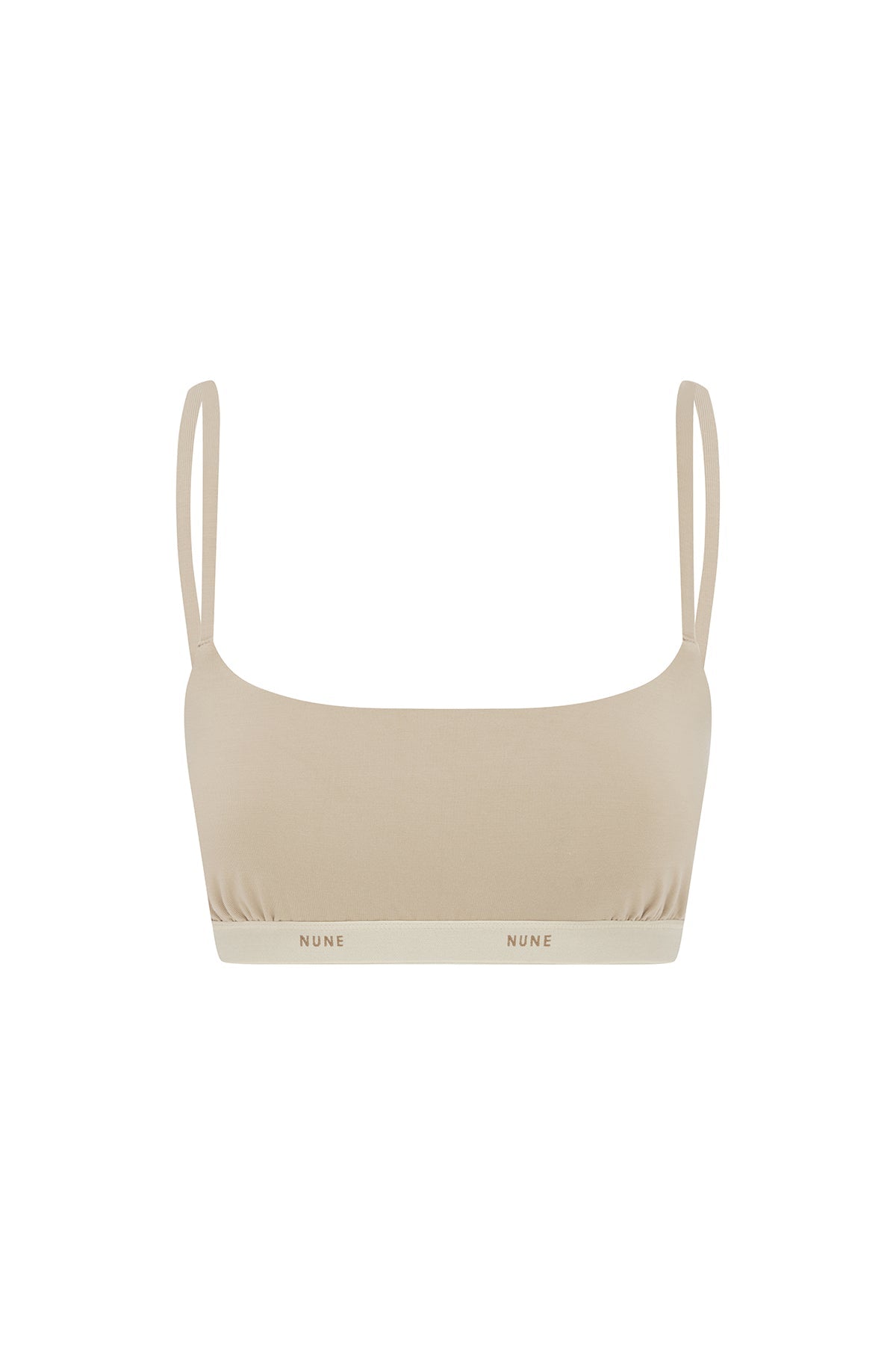 The Square Neck Bralette in latte.  Front view showing Slightly scooped square neck shape and NUNE soft elastic under bust