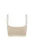 The Square Neck Bralette in latte.  Front view showing Slightly scooped square neck shape and NUNE soft elastic under bust