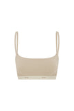 The Square Neck Bralette in latte.  Front view showing Slightly scooped square neck shape and NUNE soft elastic under bust