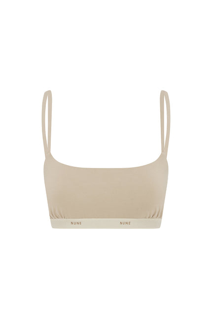 The Square Neck Bralette in latte.  Front view showing Slightly scooped square neck shape and NUNE soft elastic under bust