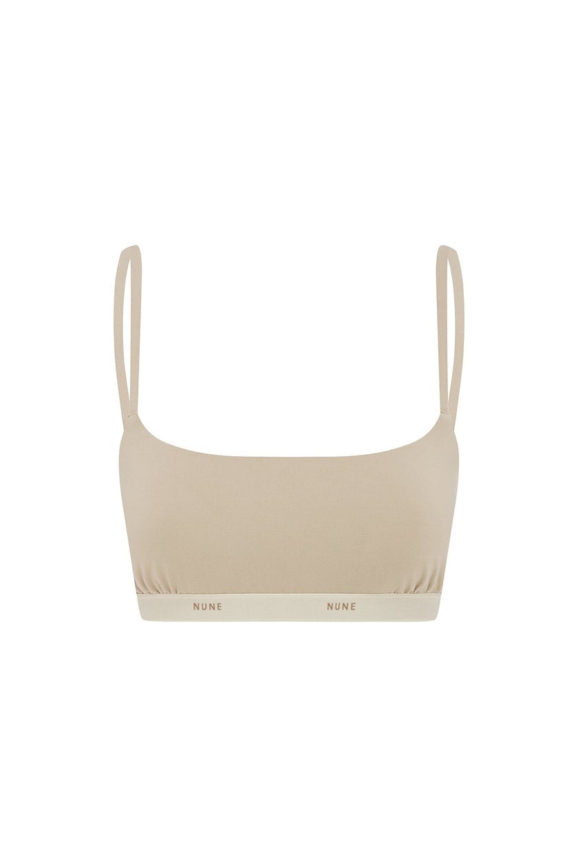 The Square Neck Bralette in latte.  Front view showing Slightly scooped square neck shape and NUNE soft elastic under bust