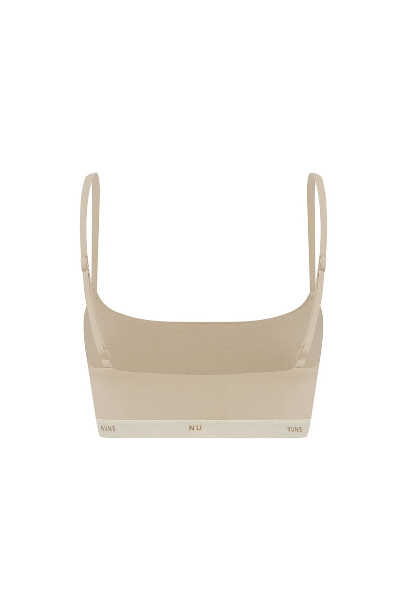 The Square Neck Bralette in latte.  Back view showing adjustable straps and NUNE soft elastic under bust