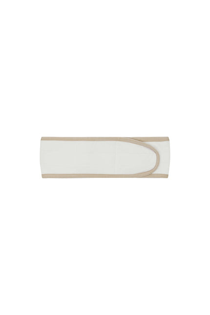 White padded, adjustable headband with latte bind edge and velcro adjustable closure
