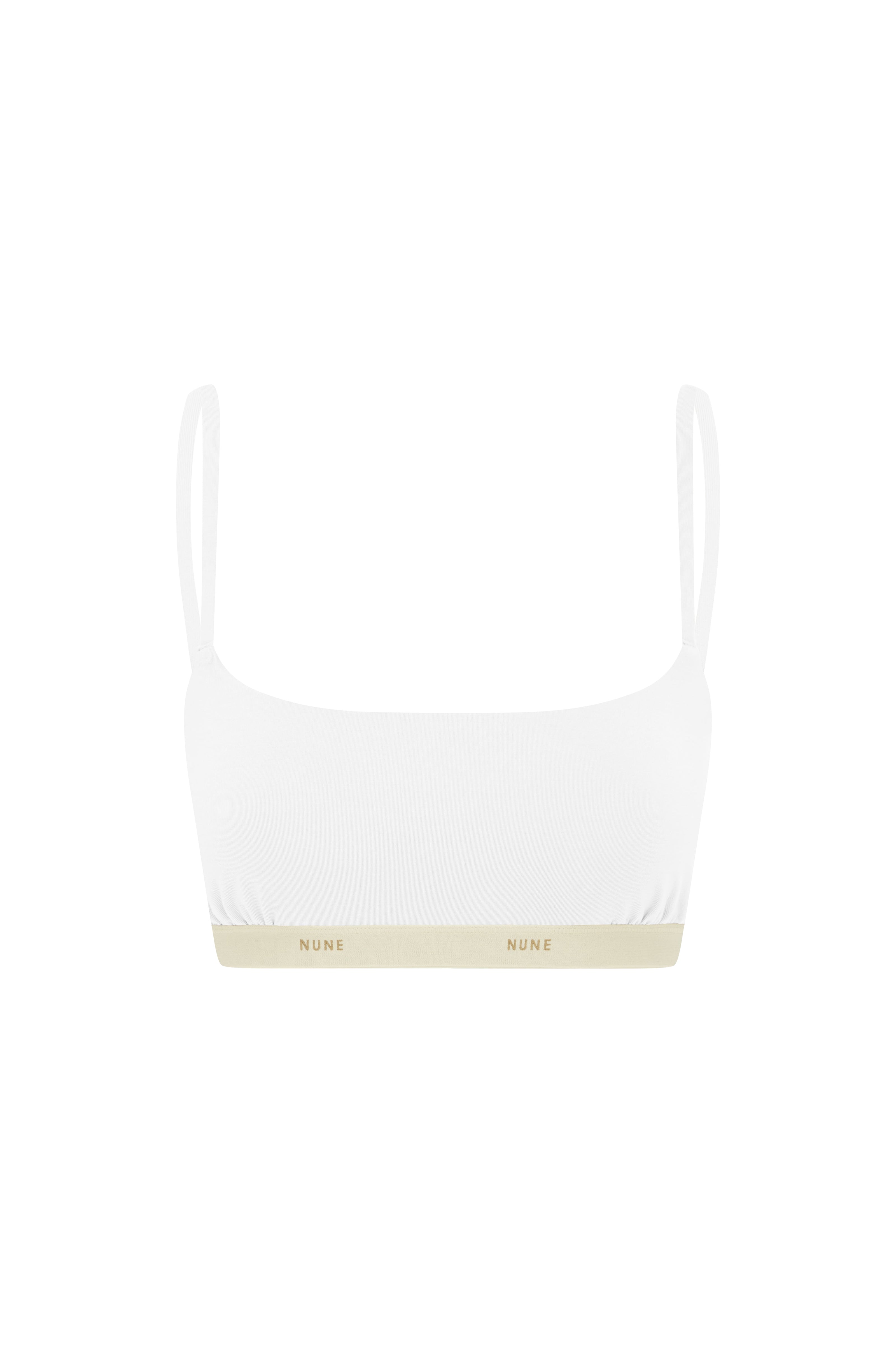 The Square Neck Bralette in white.  Front view showing Slightly scooped square neck shape and NUNE soft elastic under bust