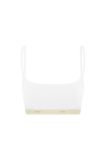 The Square Neck Bralette in white.  Front view showing Slightly scooped square neck shape and NUNE soft elastic under bust