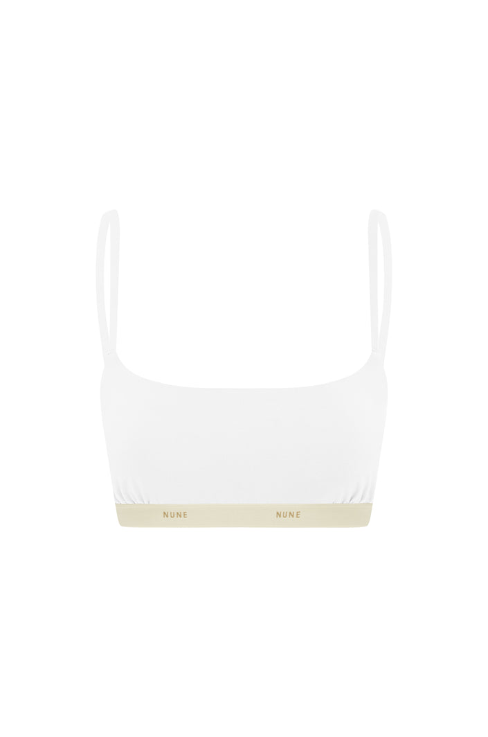 The Square Neck Bralette in white.  Front view showing Slightly scooped square neck shape and NUNE soft elastic under bust