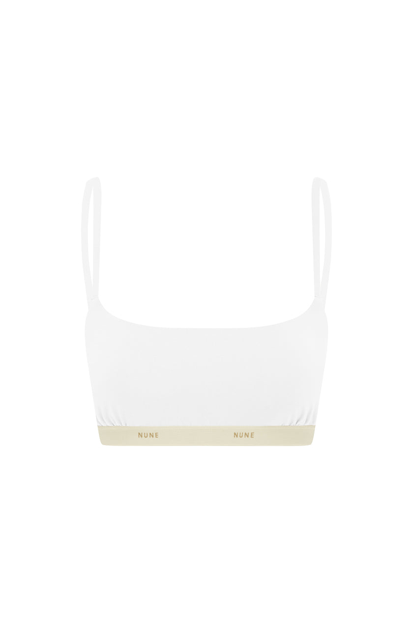 The Square Neck Bralette in white.  Front view showing Slightly scooped square neck shape and NUNE soft elastic under bust