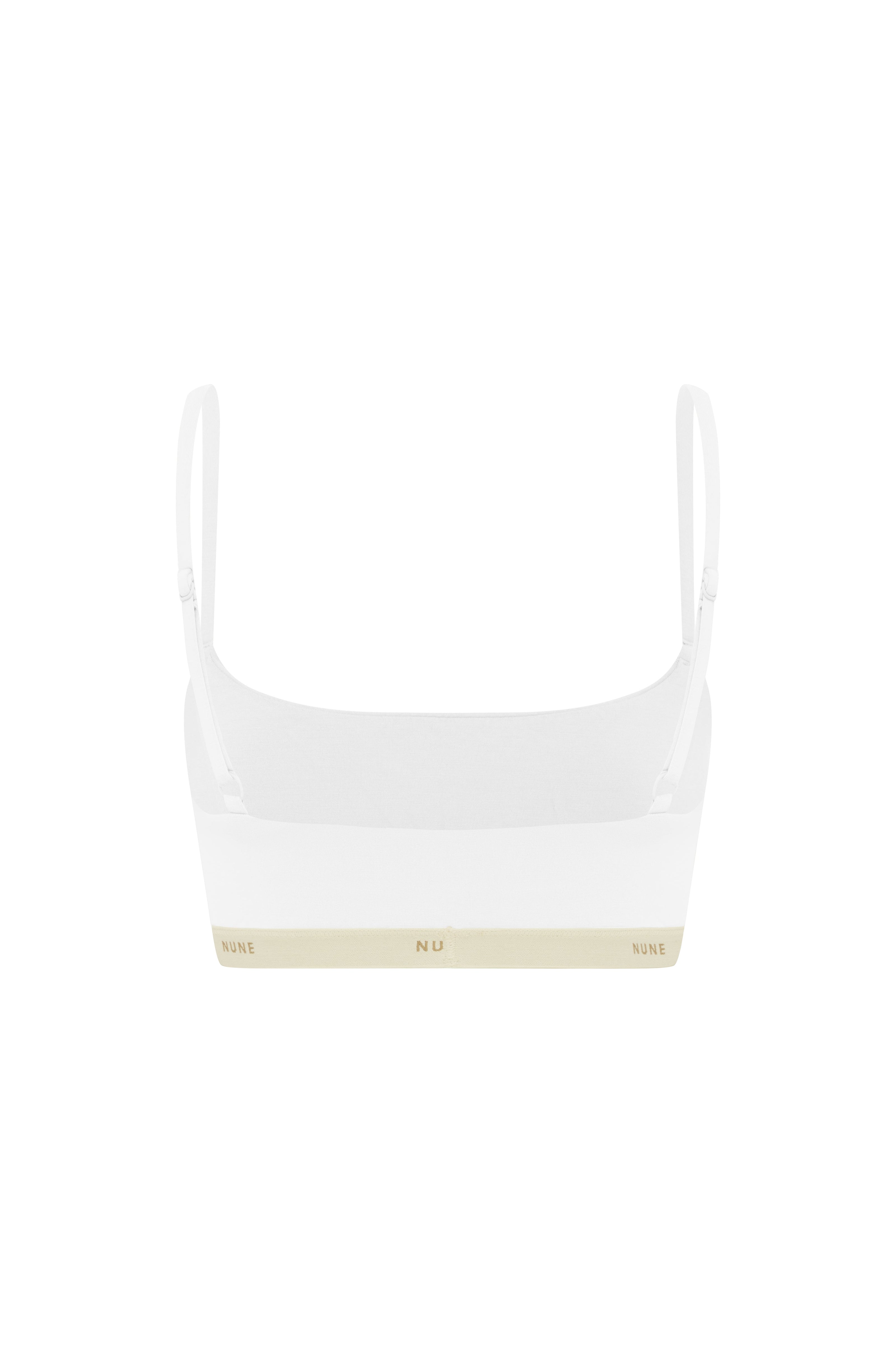 The Square Neck Bralette in white.  Back view showing adjustable straps and NUNE soft elastic under bust