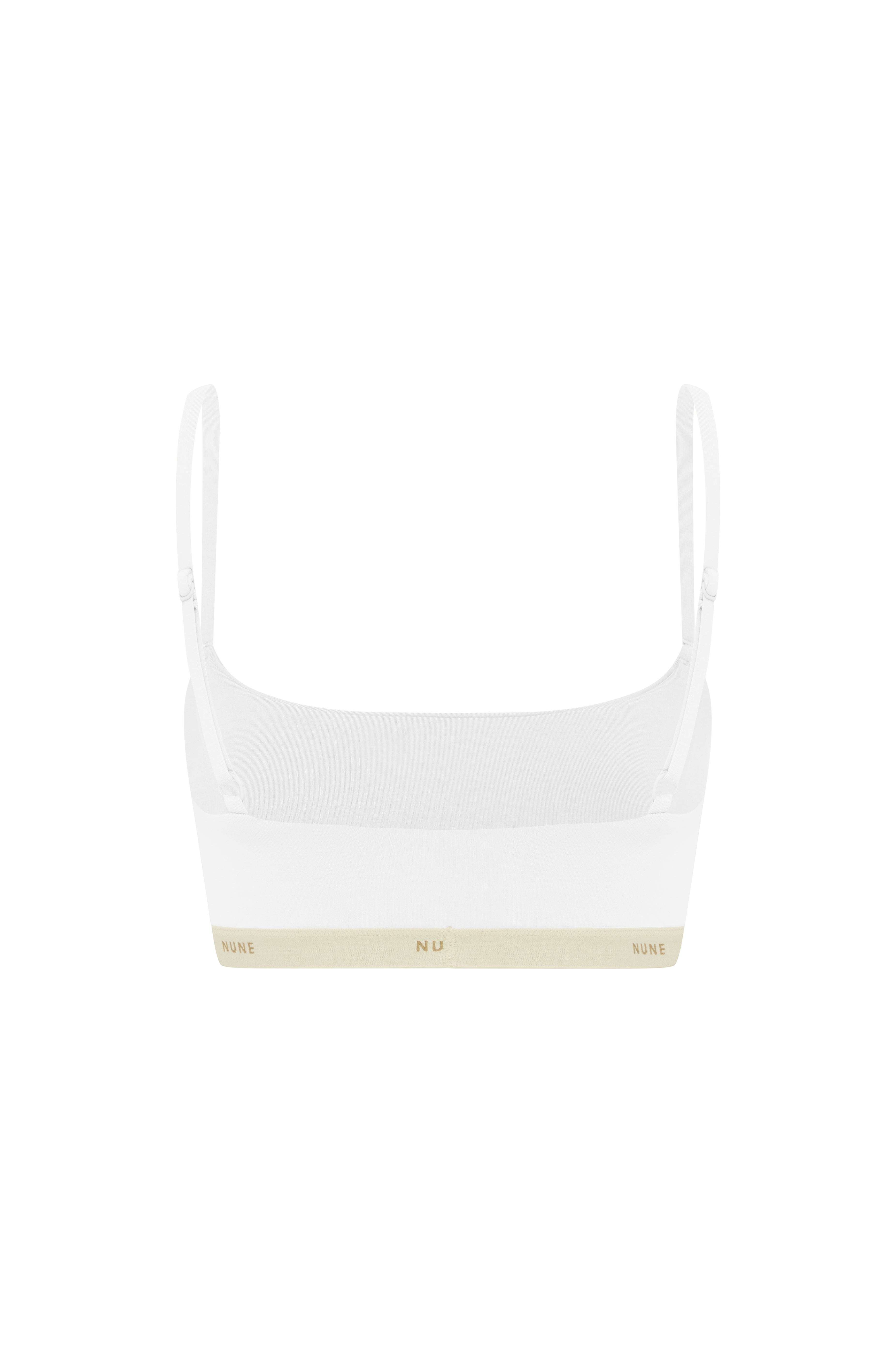 The Square Neck Bralette in white.  Back view showing adjustable straps and NUNE soft elastic under bust