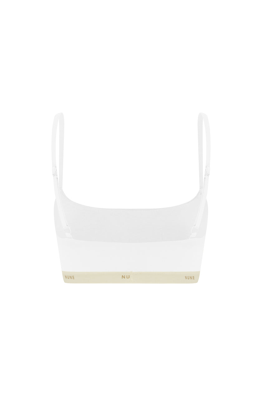 The Square Neck Bralette in white.  Back view showing adjustable straps and NUNE soft elastic under bust